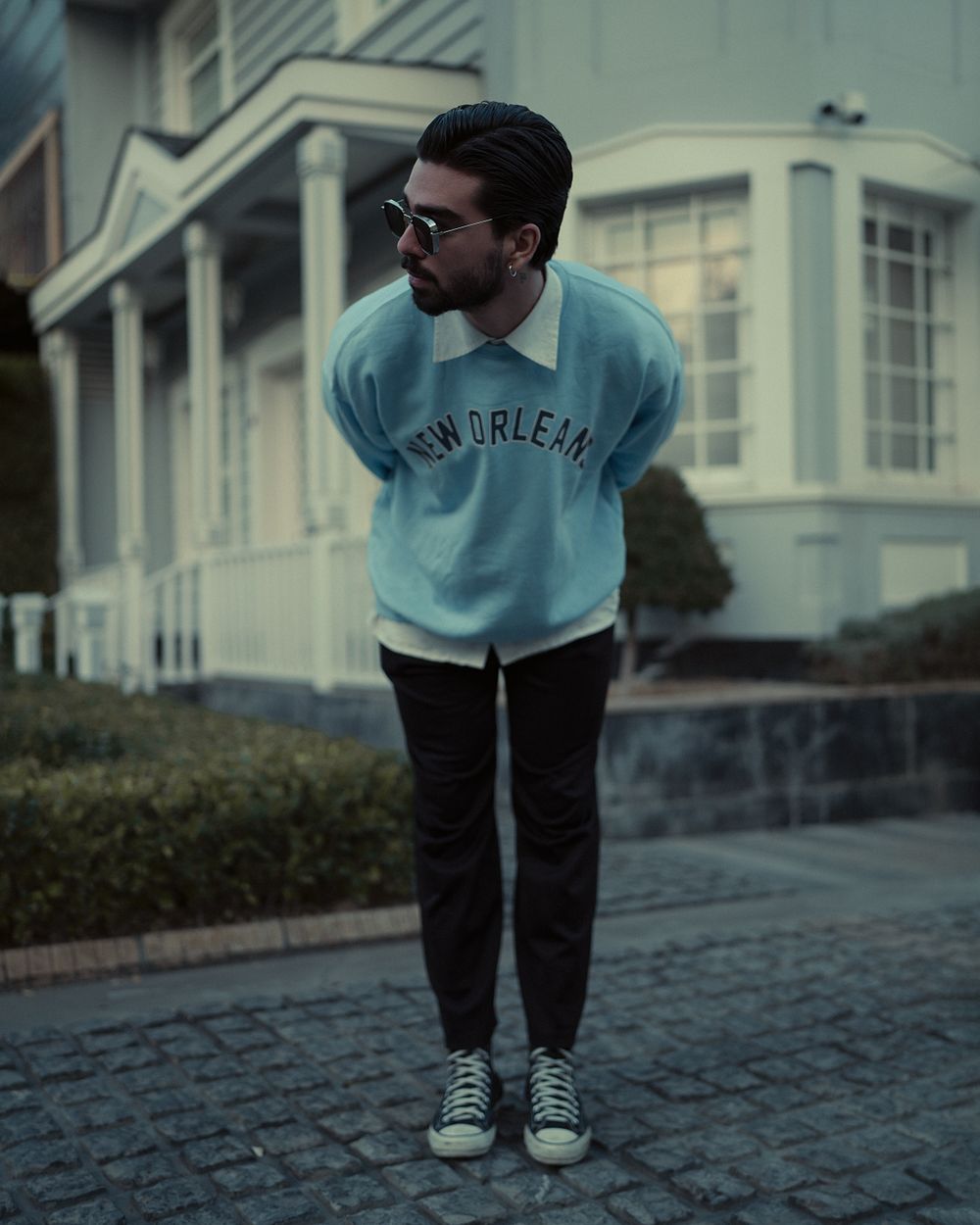 Model wearing the TD Loopback Crewneck in ash grey